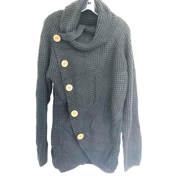 Grecerelle Chunky Knit Sweater XL Black Cowl Neck Button Collar Cardigan Cozy - Picture 1 of 8